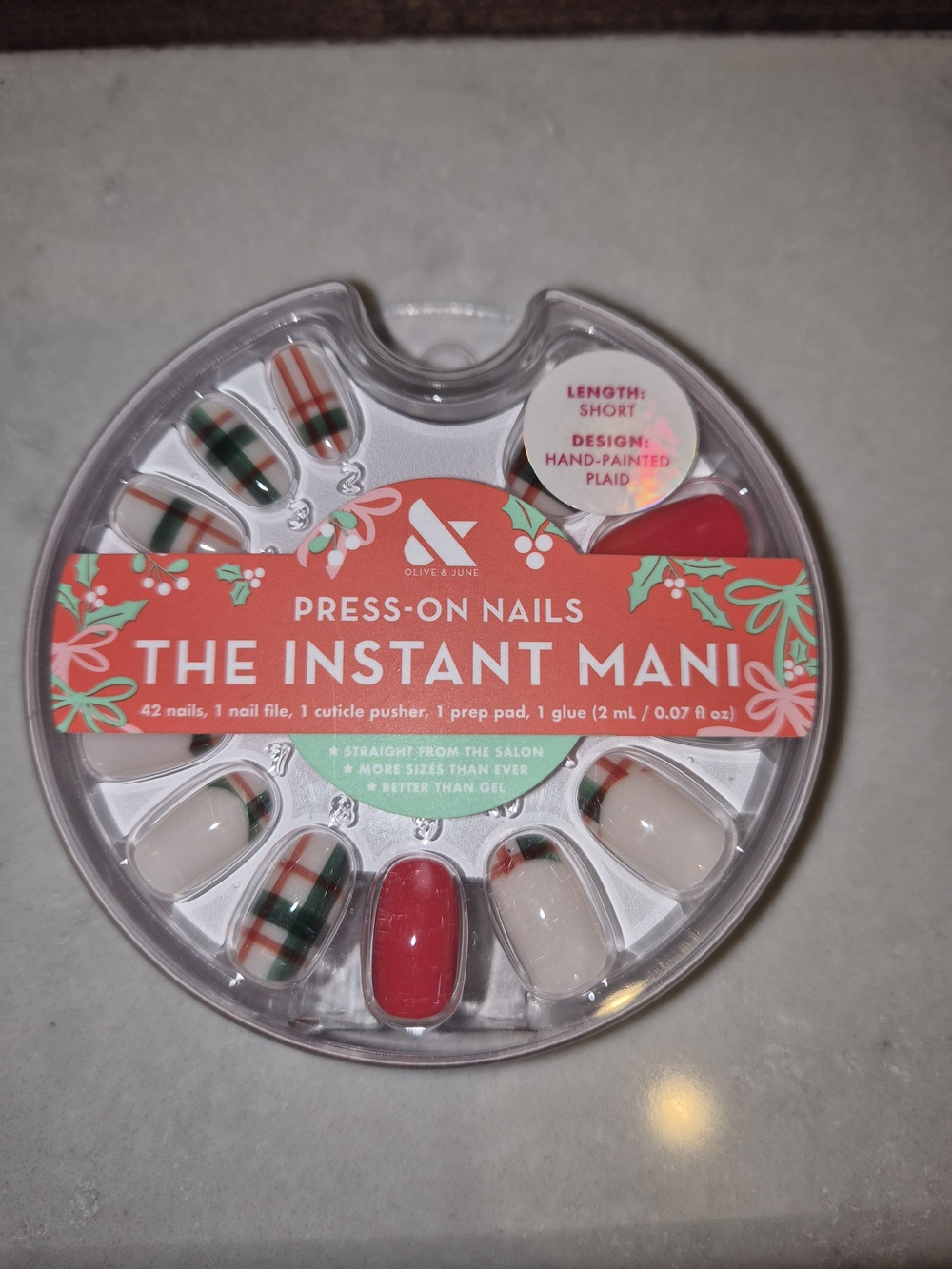 Olive and June The Instant Manicure Press-On Nails - Red, Green, Cream Plaid
